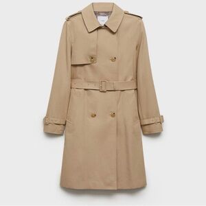 Mango Classic Tan Double-Breasted Trench Coat with Belt